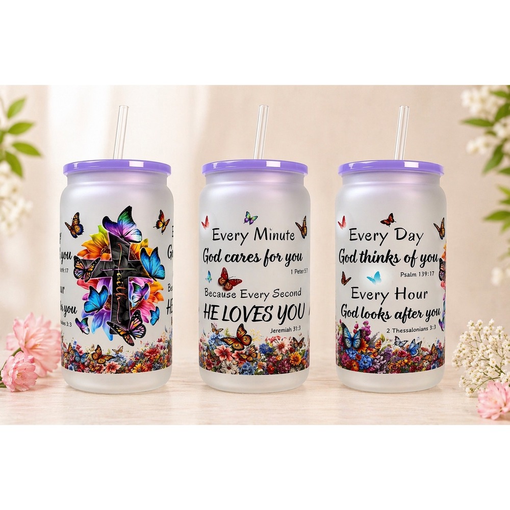 Christian Butterfly Tumbler with Lid & Straw, Faith Cup, Bible Verse Glass Can